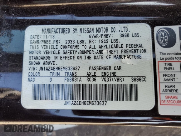 2014 Nissan 370Z Touring with VIN JN1AZ4EH6EM633637, listed as a Copart auction lot 50797105 with 0 mi miles and Salvage Title. Bid and sale history available at carsss.com. Image 14.