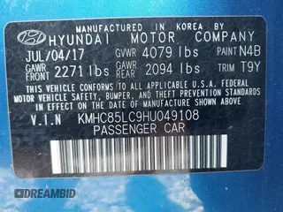 2017 Hyundai Ioniq Limited with VIN KMHC85LC9HU049108, listed as a IAAI auction lot 42120890 with 62,155 mi miles and . Bid and sale history available at DreamBid. Image 9.