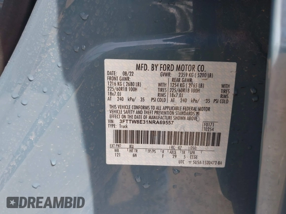 2022 Ford Maverick XL with VIN 3FTTW8E31NRA69557, listed as a IAAI auction lot 41894876 with 23,157 mi miles and . Bid and sale history available at DreamBid. Image 9.