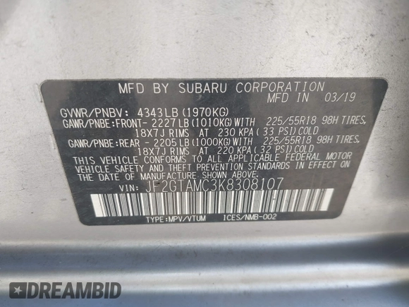 2019 Subaru Crosstrek Limited z VIN JF2GTAMC3K8308107, wystawiony jako IAAI lot #39920602 z przebiegiem 39 396 mil mil oraz . Historia ofert i sprzedaży dostępna na DreamBid. Obrazek 9.