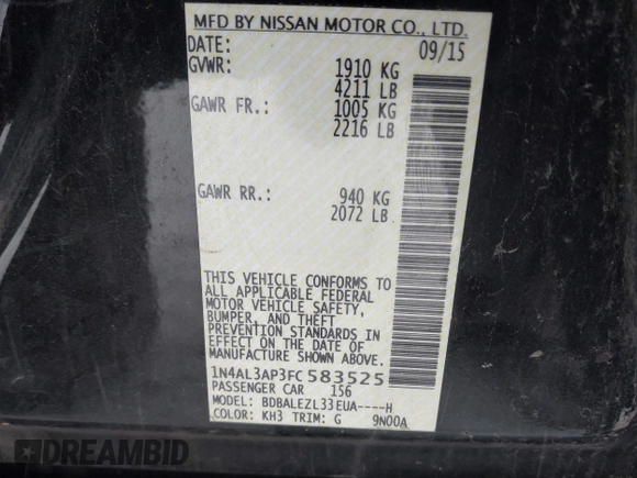2015 Nissan Altima S with VIN 1N4AL3AP3FC583525, listed as a IAAI auction lot 41572153 with 94,172 mi miles and . Bid and sale history available at DreamBid. Image 9.