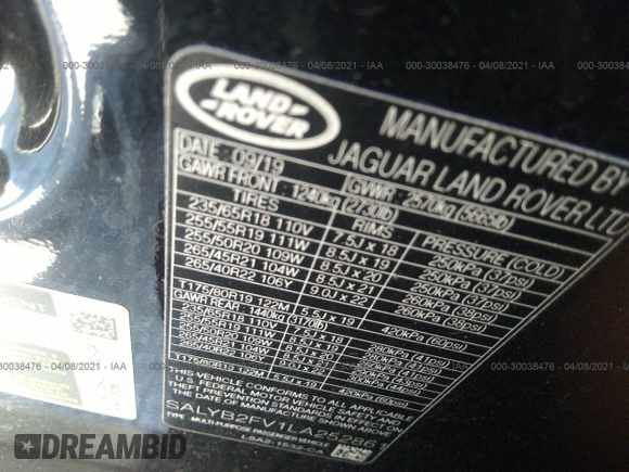 2020 Land Rover Range Rover Velar S with VIN SALYB2FV1LA252861, listed as a IAAI auction lot 30038476 with 16,618 mi miles. Bid and sale history available at carsss.com. Image 9.