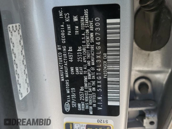 2020 Kia Optima LX with VIN 5XXGT4L3XLG407300, listed as a Copart auction lot 68158504 with 72,516 mi miles and Salvage title. Bid and sale history available at DreamBid. Image 14.