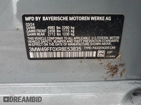 2024 BMW 3 Series M340i xDrive with VIN 3MW49FF0XR8E53835, listed as a Copart auction lot 43255935 with 2,569 mi miles and Salvage Title. Bid and sale history available at carsss.com. Image 12.