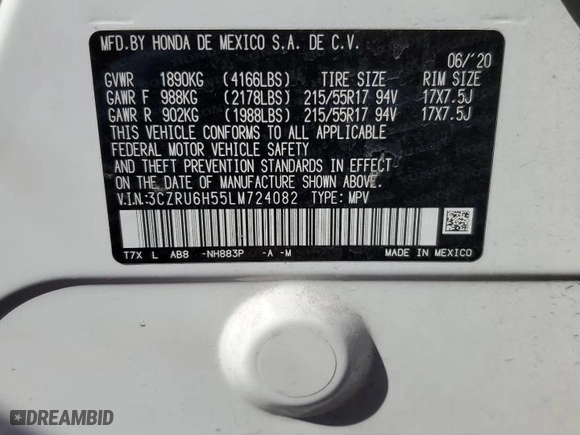 2020 Honda HR-V EX with VIN 3CZRU6H55LM724082, listed as a Copart auction lot 47093495 with 63,187 mi miles and Salvage Title. Bid and sale history available at carsss.com. Image 13.