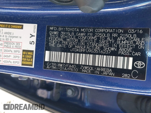 2016 Toyota Prius Two with VIN JTDKBRFU9G3516237, listed as a IAAI auction lot 41817203 with 117,798 mi miles and . Bid and sale history available at DreamBid. Image 9.