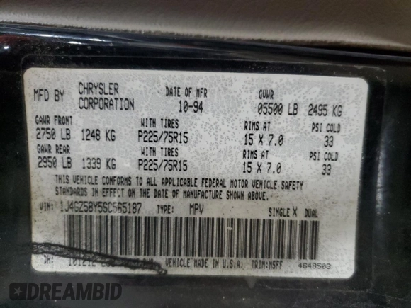 1995 Jeep Grand Cherokee Laredo with VIN 1J4GZ58Y5SC565187, listed as a Copart auction lot 45179985 with 122,863 mi miles and Salvage Title. Bid and sale history available at carsss.com. Image 13.