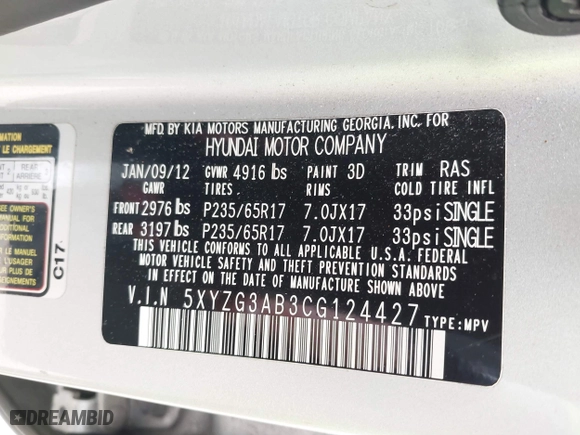 2012 Hyundai Santa Fe GLS with VIN 5XYZG3AB3CG124427, listed as a IAAI auction lot 41953057 with 156,413 mi miles. Bid and sale history available at carsss.com. Image 9.