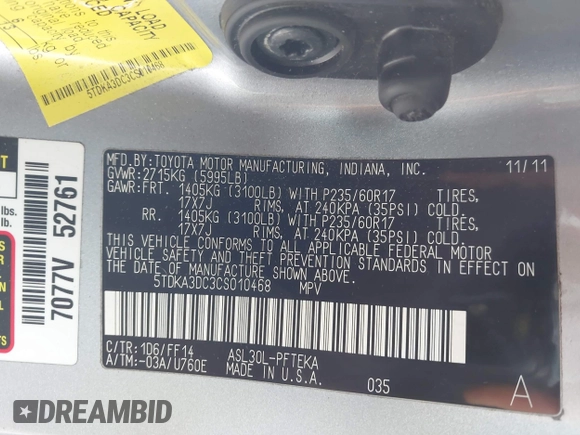 2012 Toyota Sienna with VIN 5TDKA3DC3CS010468, listed as a IAAI auction lot 41542523 with 56,055 mi miles and . Bid and sale history available at DreamBid. Image 9.