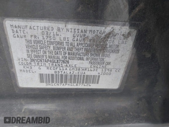 2016 Nissan Versa S с VIN 3N1CN7AP4GL877626, выставлен на аукционе IAAI как лот 42495862 с пробегом 192 573 миль миль и . История ставок и продаж доступна на DreamBid. Изображение 9.