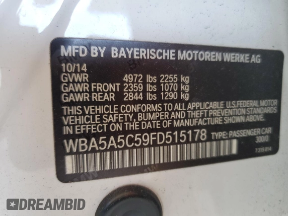 2015 BMW 5 Series 528i z VIN WBA5A5C59FD515178, wystawiony jako Copart lot #58083675 z przebiegiem 170 333 mil mil oraz Szkoda całkowita • Salvage title. Historia ofert i sprzedaży dostępna na DreamBid. Obrazek 12.