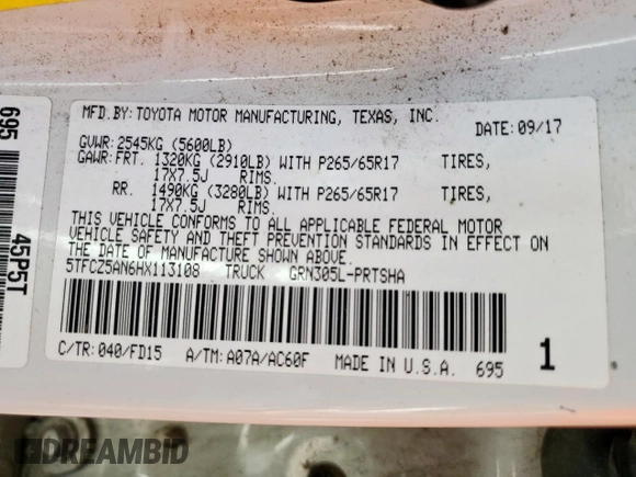 2017 Toyota Tacoma SR5 with VIN 5TFCZ5AN6HX113108, listed as a Copart auction lot 54338865 with Not provided miles and Salvage title. Bid and sale history available at DreamBid. Image 13.