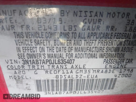 2018 Nissan Sentra SV with VIN 3N1AB7AP0JL635407, listed as a IAAI auction lot 41669564 with Not Provided miles and . Bid and sale history available at carsss.com. Image 9.