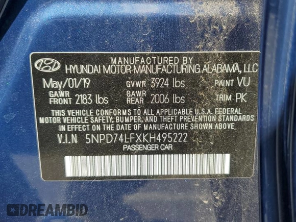 2019 Hyundai Elantra SE with VIN 5NPD74LFXKH495222, listed as a Copart auction lot 51263395 with 58,278 mi miles and Salvage Title. Bid and sale history available at DreamBid. Image 12.