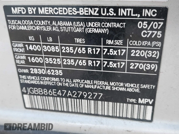 2007 Mercedes-Benz M 350 with VIN 4JGBB86E47A279277, listed as a IAAI auction lot 42212093 with 223,939 mi miles and . Bid and sale history available at DreamBid. Image 9.