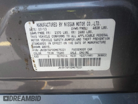 2014 Infiniti Q50 Premium with VIN JN1BV7AP0EM675221, listed as a IAAI auction lot 42551726 with 191,334 mi miles and . Bid and sale history available at DreamBid. Image 9.