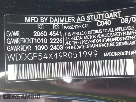 2009 Mercedes-Benz C 300 Sport with VIN WDDGF54X49R051999, listed as a IAAI auction lot 42353719 with 191,934 mi miles and . Bid and sale history available at DreamBid. Image 8.