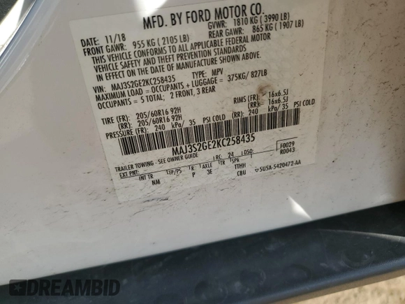 2019 Ford EcoSport SE с VIN MAJ3S2GE2KC258435, выставлен на аукционе Copart как лот 53804705 с пробегом 57 954 миль миль и Чистый • Clean title. История ставок и продаж доступна на DreamBid. Изображение 13.