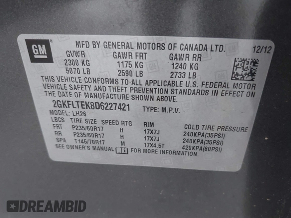 2013 GMC Terrain SLE with VIN 2GKFLTEK8D6227421, listed as a IAAI auction lot 42149591 with 93,822 mi miles. Bid and sale history available at carsss.com. Image 9.