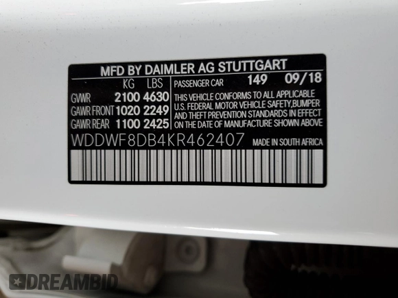 2019 Mercedes-Benz C 300 with VIN WDDWF8DB4KR462407, listed as a Copart auction lot 52336005 with 75,466 mi miles and Salvage Title. Bid and sale history available at DreamBid. Image 14.