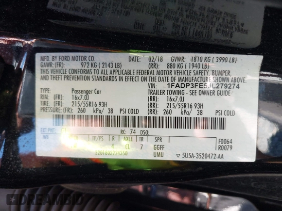 2018 Ford Focus SE z VIN 1FADP3FE5JL279274, wystawiony jako IAAI lot #42626587 z przebiegiem 92 110 mil mil oraz . Historia ofert i sprzedaży dostępna na DreamBid. Obrazek 9.