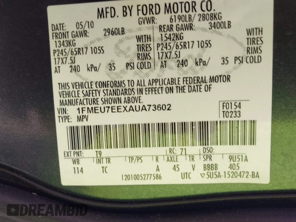 2010 Ford Explorer Eddie Bauer с VIN 1FMEU7EEXAUA73602, выставлен на аукционе IAAI как лот 42447358 с пробегом 119 361 миль миль и . История ставок и продаж доступна на DreamBid. Изображение 9.