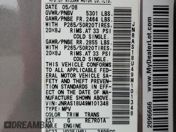 2009 Infiniti FX z VIN JNRAS18U49M101348, wystawiony jako Copart lot #48362425 z przebiegiem 183 928 mil mil oraz Szkoda całkowita • Salvage title. Historia ofert i sprzedaży dostępna na DreamBid. Obrazek 13.