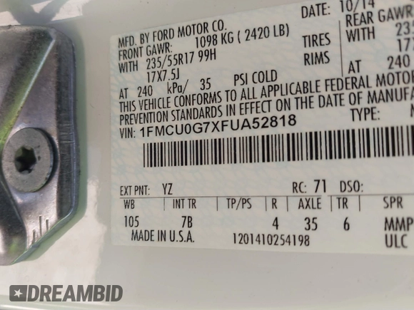 2015 Ford Escape SE with VIN 1FMCU0G7XFUA52818, listed as a IAAI auction lot 41679303 with 127,098 mi miles. Bid and sale history available at carsss.com. Image 9.