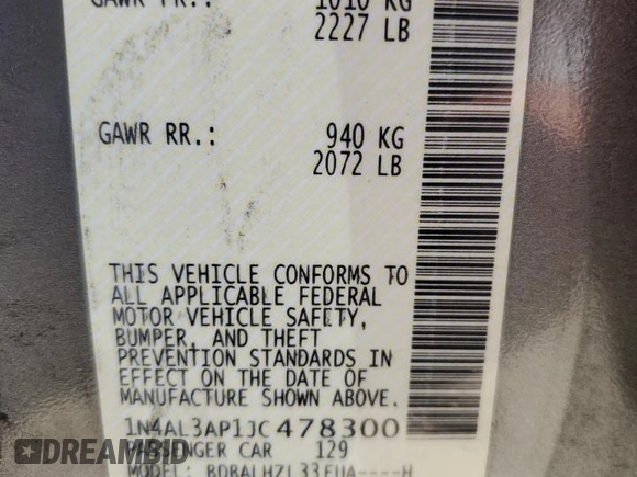 2018 Nissan Altima 2.5 SR with VIN 1N4AL3AP1JC478300, listed as a Copart auction lot 54013605 with 68,721 mi miles and Salvage Title. Bid and sale history available at carsss.com. Image 12.