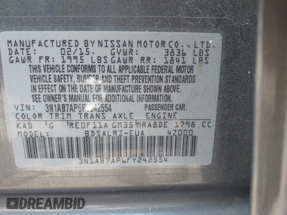 2015 Nissan Sentra S with VIN 3N1AB7AP6FY242554, listed as a IAAI auction lot 42064770 with 171,288 mi miles. Bid and sale history available at carsss.com. Image 9.