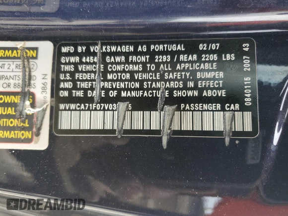 2007 Volkswagen Eos with VIN WVWCA71F07V037925, listed as a Copart auction lot 66184154 with Not Provided miles and Clean Title. Bid and sale history available at DreamBid. Image 12.