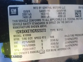 2012 Chevrolet Suburban LTZ with VIN 1GNSKKE78CR323272, listed as a IAAI auction lot 41794029 with 16,541 mi miles. Bid and sale history available at carsss.com. Image 9.