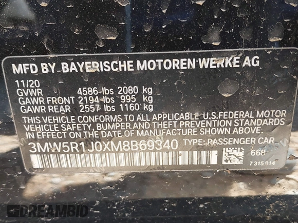 2021 BMW 3 Series 330i с VIN 3MW5R1J0XM8B69340, выставлен на аукционе IAAI как лот 41864211 с пробегом 63 614 миль миль и . История ставок и продаж доступна на DreamBid. Изображение 9.