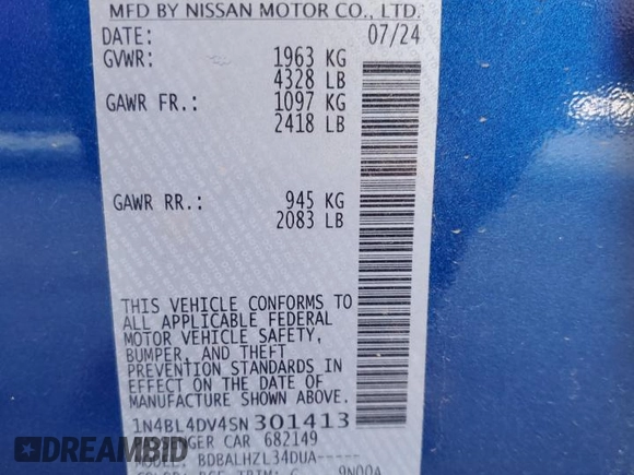 2025 Nissan Altima SV with VIN 1N4BL4DV4SN301413, listed as a Copart auction lot 54046575 with 12,866 mi miles and Clean Title. Bid and sale history available at DreamBid. Image 12.