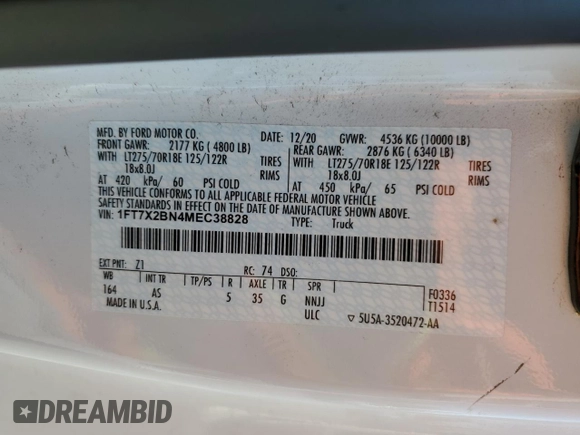 2021 Ford Super Duty F-250 SRW XL with VIN 1FT7X2BN4MEC38828, listed as a Copart auction lot 69845834 with 47,691 mi miles and Salvage Title. Bid and sale history available at carsss.com. Image 12.