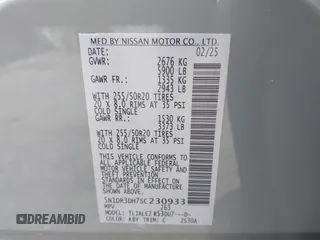 2025 Nissan Pathfinder Platinum with VIN 5N1DR3DH7SC230933, listed as a IAAI auction lot 42497899 with 769 mi miles and . Bid and sale history available at DreamBid. Image 9.