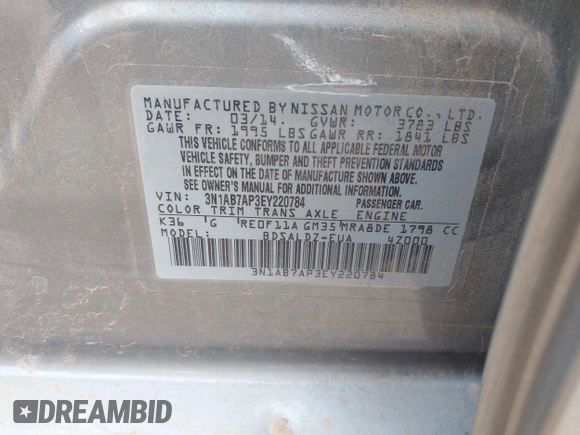 2014 Nissan Sentra S with VIN 3N1AB7AP3EY220784, listed as a IAAI auction lot 42220590 with 148,510 mi miles and . Bid and sale history available at DreamBid. Image 9.