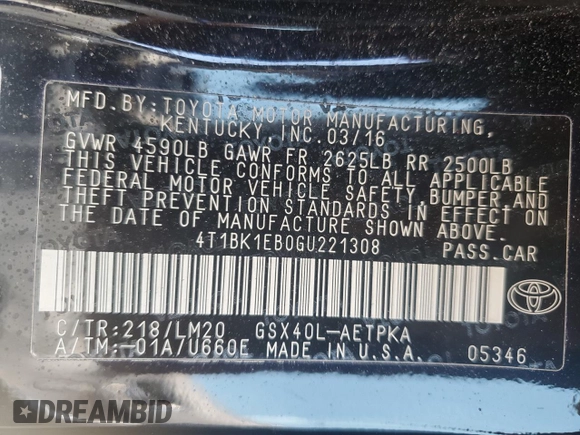 2016 Toyota Avalon Limited with VIN 4T1BK1EB0GU221308, listed as a Copart auction lot 53147535 with 66,243 mi miles and Salvage Title. Bid and sale history available at carsss.com. Image 13.