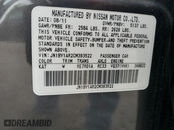 2012 Infiniti M37 with VIN JN1BY1AR2CM393522, listed as a Copart auction lot 65263404 with 123,266 mi miles and Non Repairable. Bid and sale history available at carsss.com. Image 12.