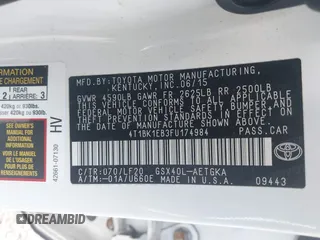 2015 Toyota Avalon Limited with VIN 4T1BK1EB3FU174984, listed as a IAAI auction lot 42155795 with 83,963 mi miles and . Bid and sale history available at DreamBid. Image 9.