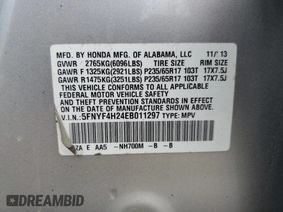 2014 Honda Pilot LX with VIN 5FNYF4H24EB011297, listed as a Copart auction lot 53833845 with 101,884 mi miles and Salvage Title. Bid and sale history available at DreamBid. Image 14.