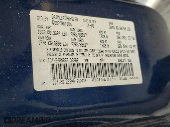 2006 Dodge Durango SLT with VIN 1D4HB48N06F133662, listed as a Copart auction lot 51916235 with Not provided miles and Salvage title. Bid and sale history available at DreamBid. Image 13.