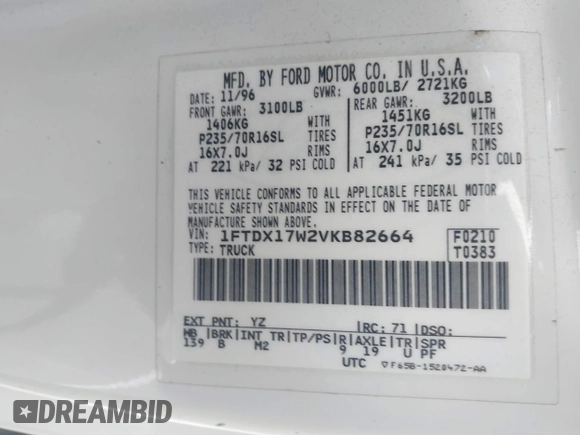 1997 Ford F-150 z VIN 1FTDX17W2VKB82664, wystawiony jako IAAI lot #42554831 z przebiegiem Nie podano mil oraz . Historia ofert i sprzedaży dostępna na DreamBid. Obrazek 9.