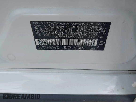 2012 Lexus IS 250 with VIN JTHCF5C27C5060417, listed as a IAAI auction lot 41938870 with 72,010 mi miles and . Bid and sale history available at DreamBid. Image 9.