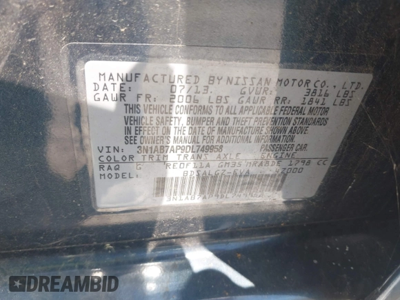 2013 Nissan Sentra SV with VIN 3N1AB7AP9DL749958, listed as a IAAI auction lot 42063439 with 140,799 mi miles. Bid and sale history available at carsss.com. Image 9.