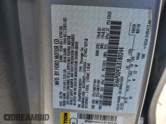 2020 Ford Fusion Titanium with VIN 3FA6P0D93LR180244, listed as a Copart auction lot 57102055 with 34,868 mi miles and Salvage title. Bid and sale history available at DreamBid. Image 12.