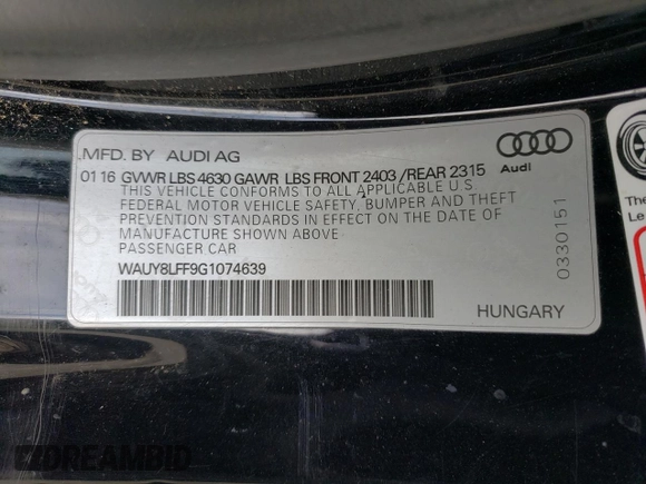 2016 Audi A3 2.0T Premium Plus with VIN WAUY8LFF9G1074639, listed as a Copart auction lot 72133872 with 86,455 mi miles. Bid and sale history available at carsss.com. Image 12.