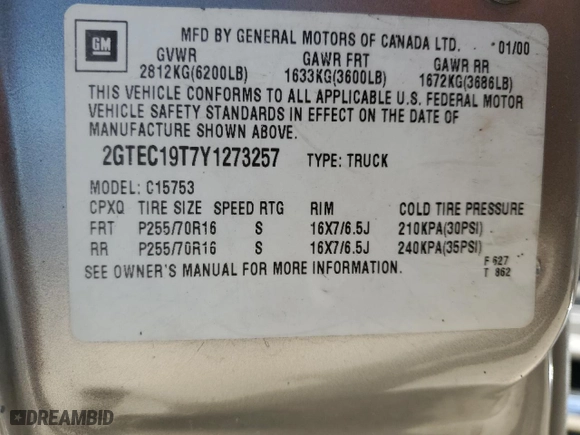 2000 GMC New Sierra 1500 SLE with VIN 2GTEC19T7Y1273257, listed as a Copart auction lot 73418164 with NaN miles and Clean Title. Bid and sale history available at carsss.com. Image 12.