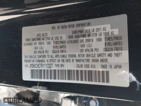 2024 Mazda CX-90 Preferred Plus with VIN JM3KKCHD7R1110327, listed as a IAAI auction lot 41711481 with 24,871 mi miles and . Bid and sale history available at DreamBid. Image 9.