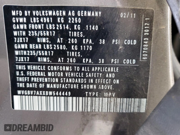 2011 Volkswagen Tiguan SE with VIN WVGBV7AXXBW544449, listed as a Copart auction lot 54678055 with 159,243 mi miles and Salvage Title. Bid and sale history available at DreamBid. Image 14.